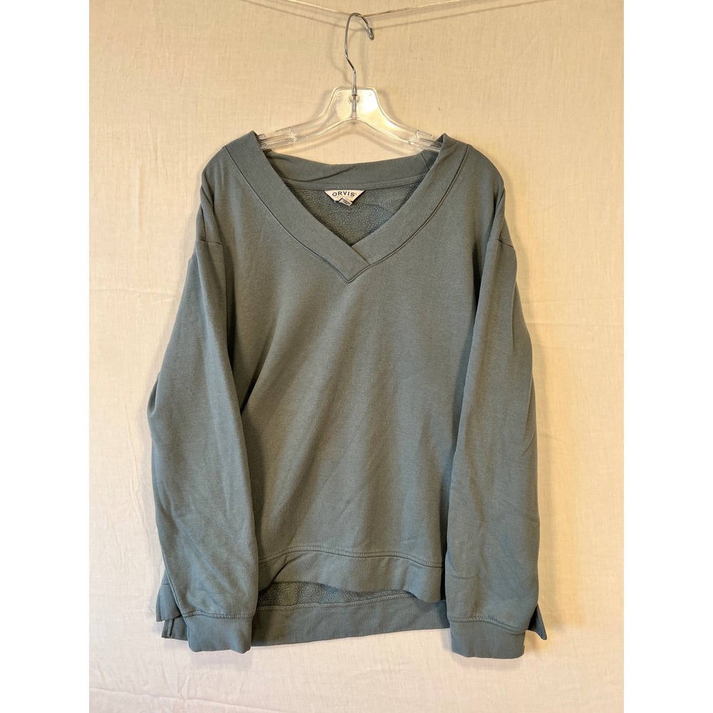 Orvis Classic Collection Womens V-Neck Fleece Pullover Sweatshirt Blue Green M
